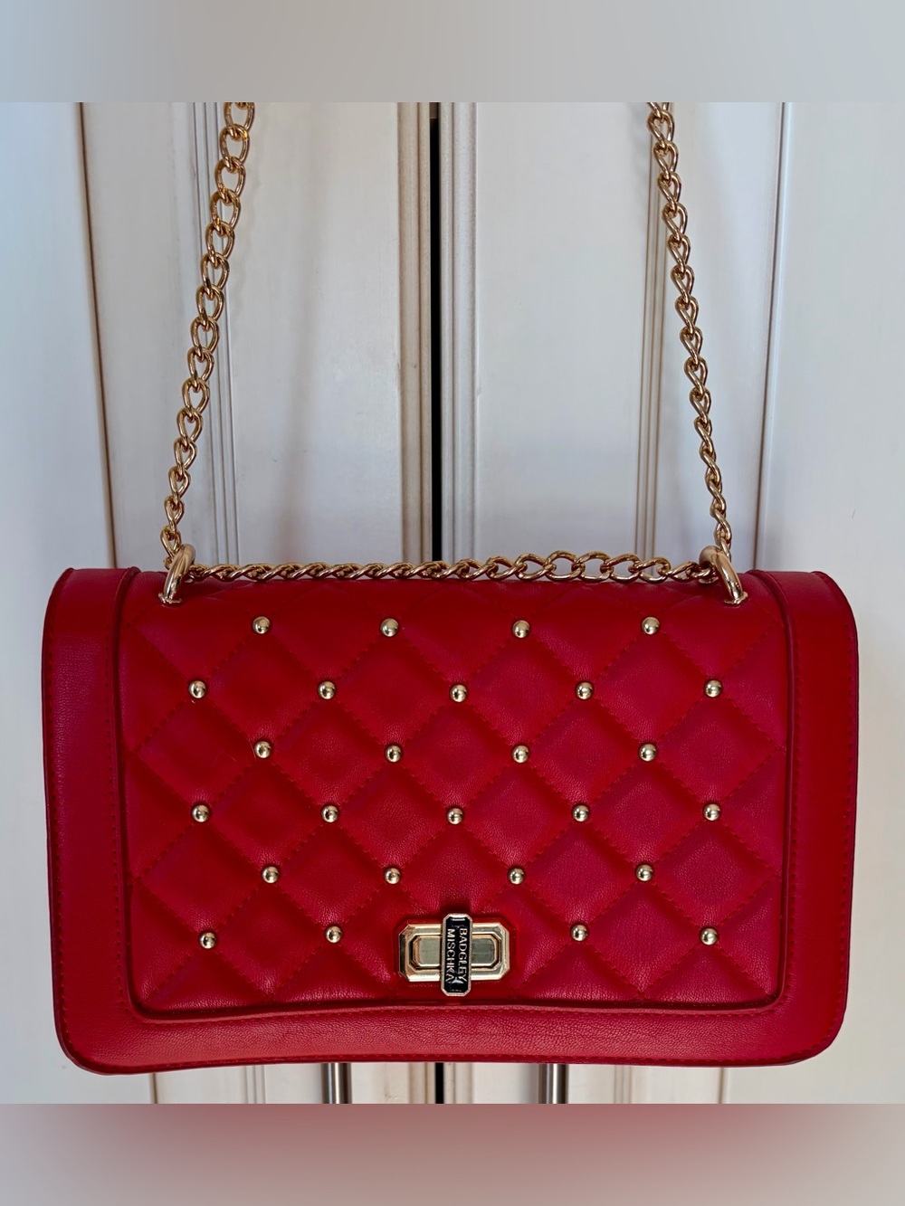 Badgley Mischka Quilted Red Flapover Crossbody/Shoulder bad with Gold Chain